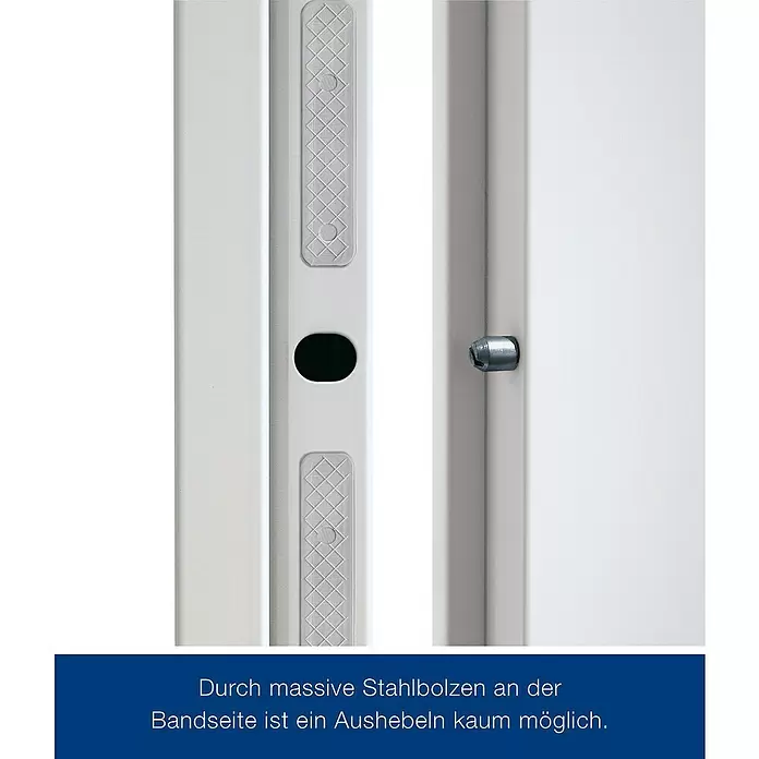 Hörmann Stahlschutztür KSI - 87,5 x 200 cm, DIN Anschlag: Rechts, Weiß - Detailaufnahme massiver Stahlbolzen an der Bandseite einer hellen Tür, die ein Aushebeln verhindern.