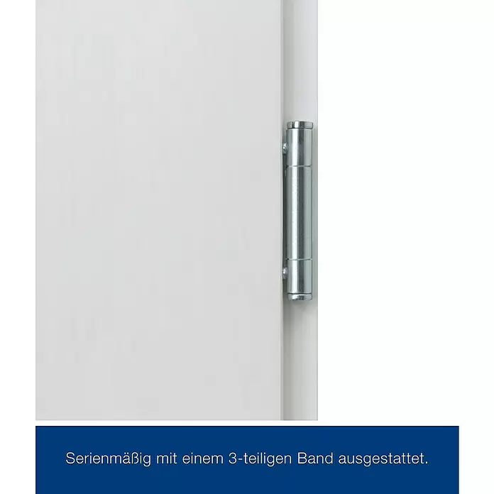 Hörmann Stahlschutztür KSI - 87,5 x 200 cm, DIN Anschlag: Rechts, Weiß - Silbernes dreiteiliges Türband an einer weißen Tür.
