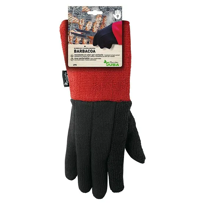 Juba Guante para barbacoa H295 Garden - Textil, Negro/Rojo - Representación de un guante de barbacoa rojo y negro con su etiqueta, ideal para los amantes de la parrilla, que ofrece comodidad y resistencia al calor.