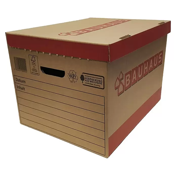 BAUHAUS Ordner-Archiv-Box Set - 10 Stk., L x B x H: 39,7 x 32 x 28,8 cm, Wellkarton - Brauner Wellpappe Archivkarton mit roten Details und 'BAUHAUS'-Logo, mit Feldern für Datum und Inhalt.