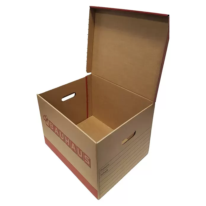 BAUHAUS Ordner-Archiv-Box Set - 10 Stk., L x B x H: 39,7 x 32 x 28,8 cm, Wellkarton - Offene braune Kartonaufbewahrungsbox mit roten Details, "Bauhaus"-Logo, Griffausschnitten und Feldern für "Datum" und "Inhalt".