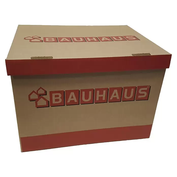 BAUHAUS Ordner-Archiv-Box Set - 10 Stk., L x B x H: 39,7 x 32 x 28,8 cm, Wellkarton - Braune Karton-Aufbewahrungsbox mit rotem Deckel und "BAUHAUS"-Aufdruck.