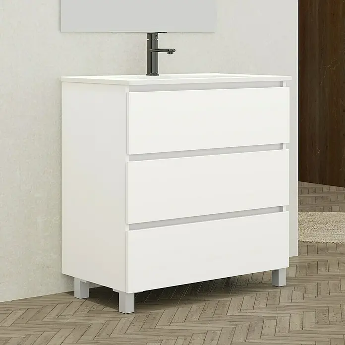 Conjunto de mueble de baño Inter - Blanco, Mate, 4 pzs. - Imagen de un mueble de baño blanco con tres cajones, de diseño moderno y elegante, perfecto para cualquier baño.