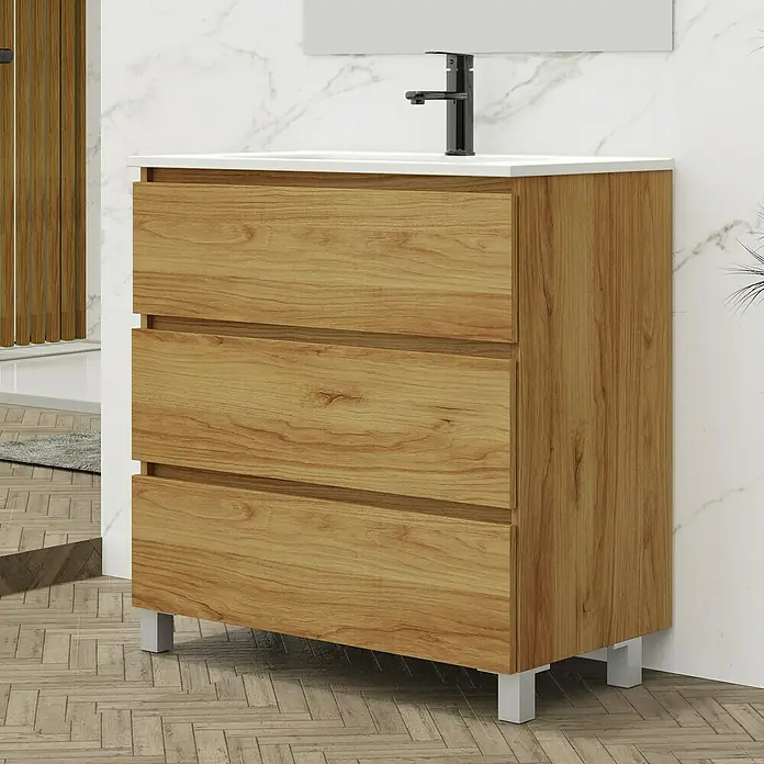 Conjunto de mueble de baño Inter - Ancho: 80 cm, Roble, 3 pzs. - Elegante mueble de baño de madera con tres cajones y un lavabo moderno, ideal para un baño con estilo.