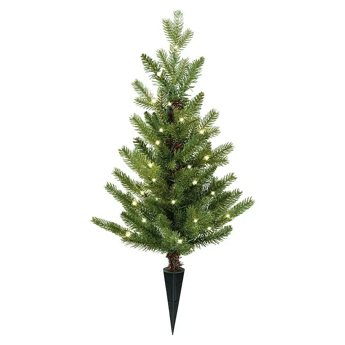 Künstlicher Weihnachtsbaum Allison - Höhe: 60 cm, Grün, LED-Beleuchtung - Nahaufnahme eines künstlichen, beleuchteten Weihnachtsbaums mit einem schwarzen Sockel, ideal für die festliche Dekoration.