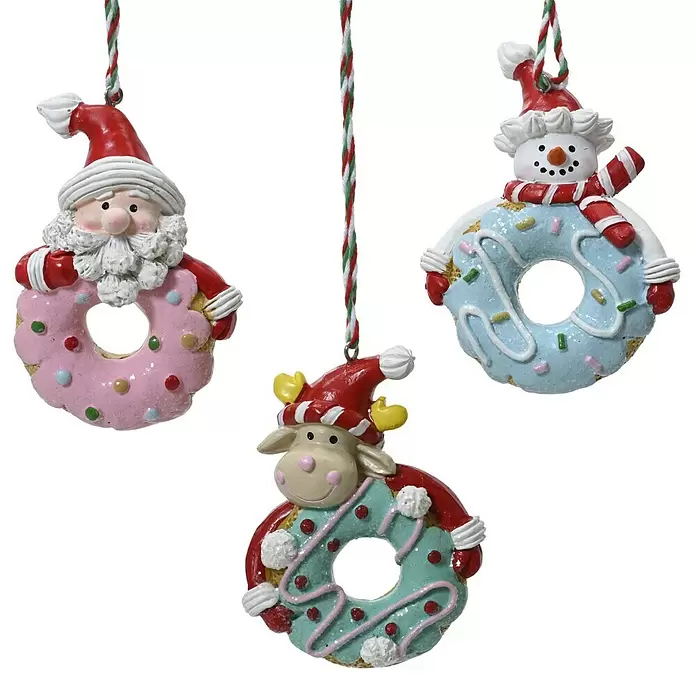Decoris Christbaumschmuck Donut - Bunt, Polyresin, 9,6 x 7 x 3,2 cm - Drei bunte donut-förmige Weihnachtsornamente mit Weihnachtsmann-, Schneemann- und Rentierfiguren.