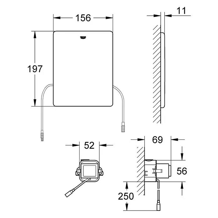 Grohe Funk-Elektronik - Trafobetrieben, Geeignet für: Unterputz-Spülkästen - Abbildung des Grohe Duschsystems mit Maßangaben zu Größe und Installation.