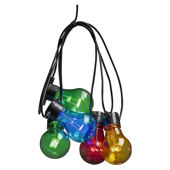 Konstsmide LED-Lichterkette - Außen, Lichtfarbe: Mehrfarbig, Batteriebetrieben - Eine Lichterkette mit bunten Glühbirnen in Grün, Blau, Rot und Gelb, die eine festliche und lebendige Atmosphäre schafft.