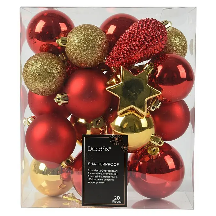 Decoris Weihnachtskugeln - Rot/Gold, Kunststoff, 20 Stk. - Festliche Dekoris® Weihnachtsbaumkugeln, bruchfest, in Rot und Gold, 20 Stück für eine glänzende Weihnachtsdekoration.