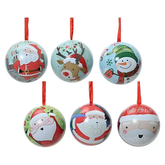 Decoris Christbaumkugel - Mehrfarbig, Metall, Durchmesser: 8 cm - Sechs bunte Weihnachtskugeln mit roten Bändern, mit Motiven von Weihnachtsmann, Rentier und Schneemann.