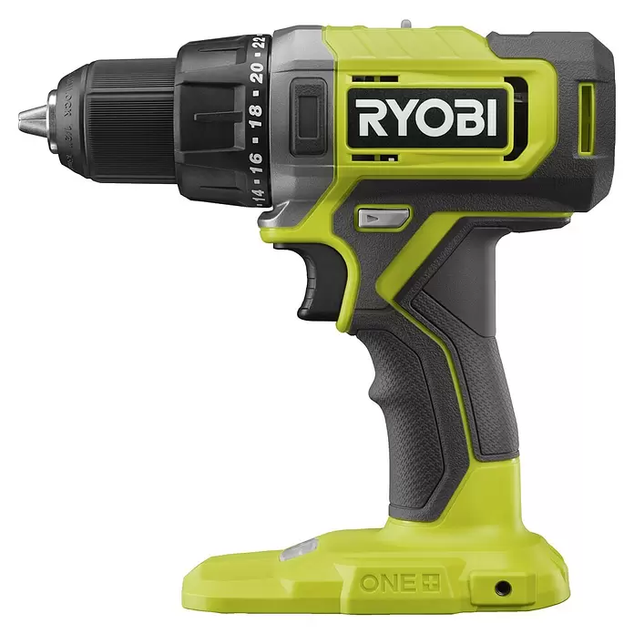 Ryobi ONE+ Akku-Bohrschrauber "Heimwerker-Set" RDD18-2C20TAH - 18 V, 2 Akkus, 2 Ah, 52 Nm - Eine hell-limettengrüne, graue und schwarze Ryobi ONE+ Akku-Bohrmaschine.