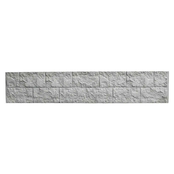 Beckers Betonzaun Zaunelement Standard Casa Borsika - 200 x 38,5 cm, Beton, Betongrau - Eine lange graue Steinmauer mit einer rauen Textur und einem zweireihigen Ziegelmuster, ideal für dekorative Zwecke.