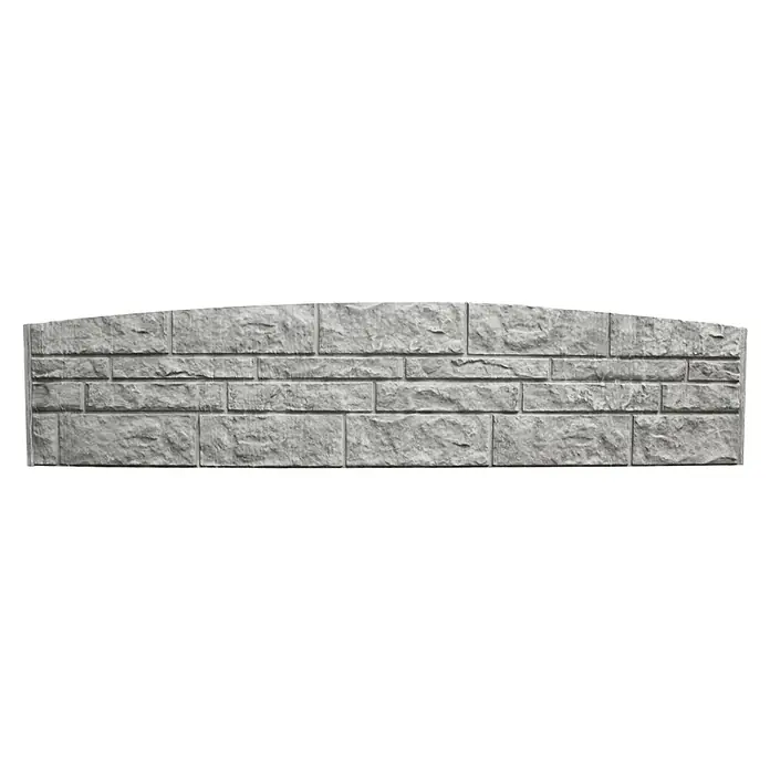 Beckers Betonzaun Abschlussplatte Standard Felsbogen Motiv - 200 x 45 cm, Beton, Betongrau - Das Foto zeigt eine Wand aus grauen Ziegelsteinen mit einer unregelmäßigen Textur und einer leicht gewölbten Oberkante. Schöne Steinwand.