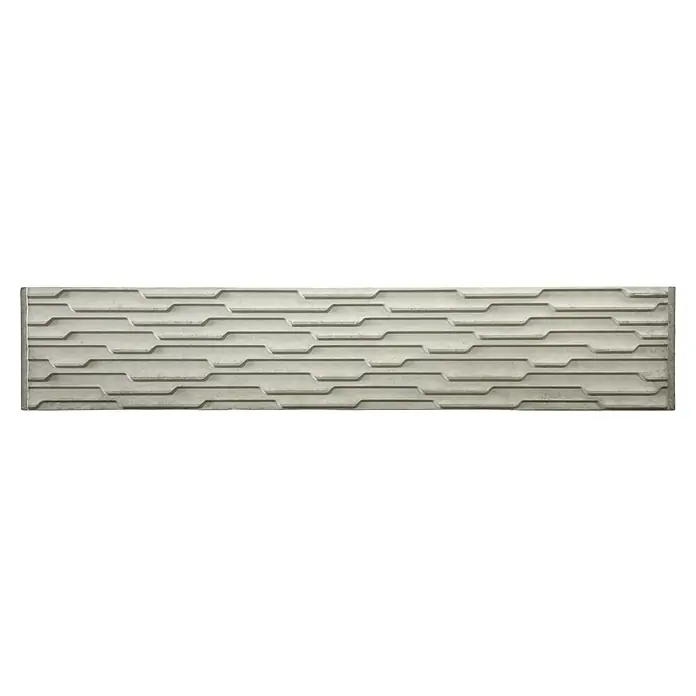 Beckers Betonzaun Zaunelement Standard Murano Motiv - 200 x 38,5 cm, Beton, Betongrau - Das Bild zeigt eine rechteckige Betonplatte mit einem horizontalen, versetzten Rillenmuster, ideal für moderne Wandverkleidungen und architektonische Akzente.
