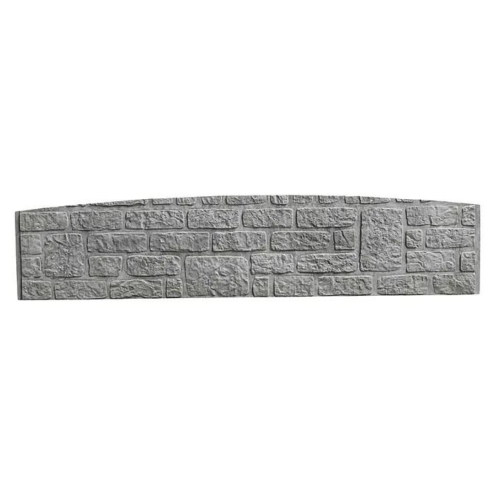 Beckers Betonzaun Abschlussplatte Standard Romaniabogen - 200 x 45 cm, Beton, Betongrau - Graue Steinmauerstruktur mit unterschiedlichen Steingrößen, die eine rustikale und robuste Oberfläche für Hintergründe bietet.