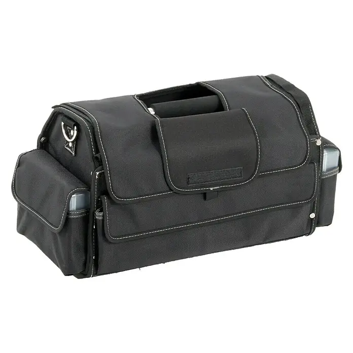 Hepco & Becker Werkzeugtasche Profi-Installateurtasche 5858 - L x B x H: 200 x 400 x 240 mm, Polyester - Bild einer schwarzen Werkzeugtasche mit weißen Nähten, die Robustheit und Funktionalität für Profis verspricht.