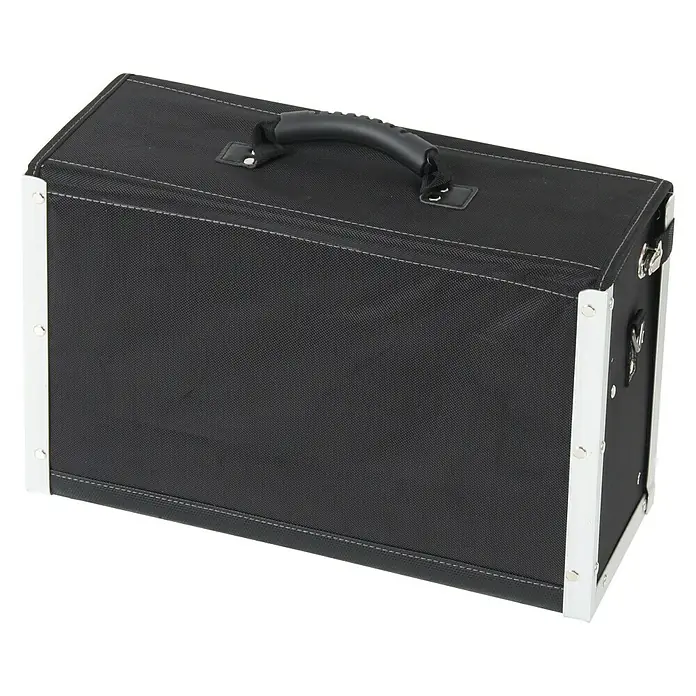 Hepco & Becker Werkzeugtasche Polytex Lehrlingstasche 5863 - L x B x H: 150 x 450 x 250 mm, Polyester - Hier ist eine schwarze Aufbewahrungsbox mit einem Griff und weißen Rändern für einen sicheren und stilvollen Transport.