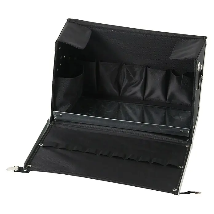 Hepco & Becker Werkzeugtasche Polytex Lehrlingstasche 5863 - L x B x H: 150 x 450 x 250 mm, Polyester - Offener, schwarzer Make-up-Koffer mit Fächern und silbernen Beschlägen, ideal für Ordnung und Transport von Kosmetika.