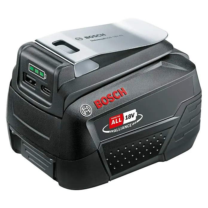 Bosch USB-Adapter Universal USB 18V-45 - Passend für: Power for All 18V Akkus - Abbildung eines Bosch Universal USB 18V-45 Akkus, ein vielseitiges Ladegerät für Elektrowerkzeuge und USB-Geräte, mit Clip und Ladezustandsanzeige.