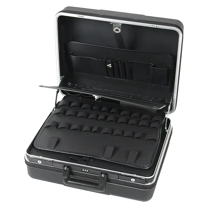 Hepco & Becker Werkzeugkoffer Future 5322 - L x B x H: 430 x 510 x 215 mm, Material: ABS Pro - Offener schwarzer Hartschalenkoffer mit silberfarbenen Akzenten und Fächern. Ideal für die Organisation von Werkzeugen und Utensilien.