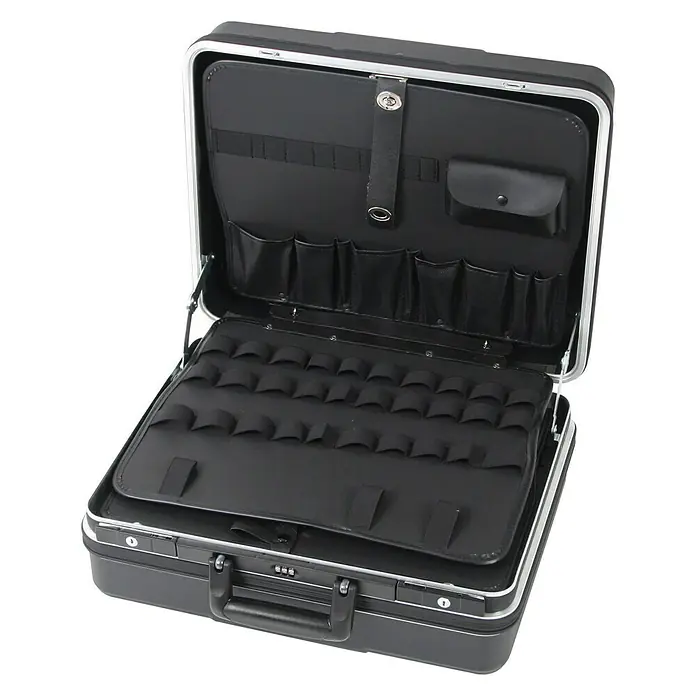Hepco & Becker Werkzeugkoffer Future 5322 - L x B x H: 430 x 510 x 215 mm, Material: ABS Pro - Schwarzer Werkzeugkoffer mit Fächern und silberfarbenen Beschlägen für den professionellen Einsatz.