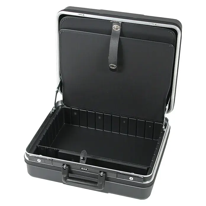 Hepco & Becker Werkzeugkoffer Future 5322 - L x B x H: 430 x 510 x 215 mm, Material: ABS Pro - Geöffneter schwarzer Aktenkoffer mit silberfarbenen Akzenten, der das Innere zeigt. Ideal für Büroorganisation und sicheren Transport.