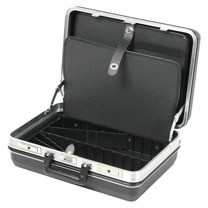 Hepco & Becker Werkzeugkoffer Future 5222 - L x B x H: 370 x 490 x 205 mm, Material: ABS Pro - Offener schwarzer Koffer mit silbernen Akzenten, ideal für Organisation und Transport von Ausrüstung.