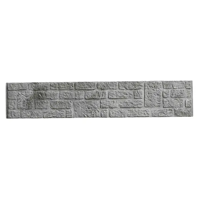 Beckers Betonzaun Zaunelement Standard Romania Motiv - 200 x 38,5 cm, Beton, Betongrau - Graue Steinwandverkleidung mit einem Muster aus rechteckigen und quadratischen Steinen unterschiedlicher Größe für den Innenbereich.