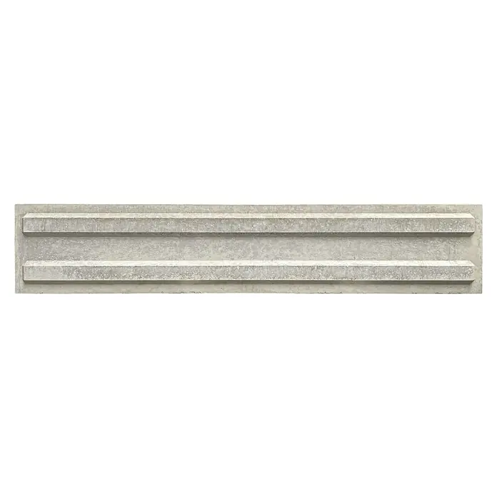 Beckers Betonzaun Zaunelement Standard Sockelplatte - 200 x 38,5 cm, Beton, Betongrau - Nahaufnahme eines grauen Bordsteins mit zwei horizontalen erhabenen Streifen, der ein robustes und langlebiges Design für den Straßenbau zeigt.