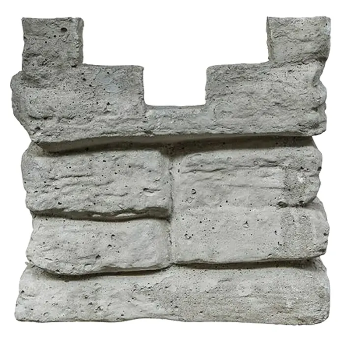 Beckers Betonzaun Pfostenkappe Mediterran - 20 x 20 cm, Beton, Passend für: Becker Betonzaun Zaunpfosten Mediterran Nostalgie - Nahaufnahme eines dekorativen, künstlichen Steinwandpaneels in Grautönen, das eine rustikale Mauerwerksoptik für den Innen- und Außenbereich bietet.