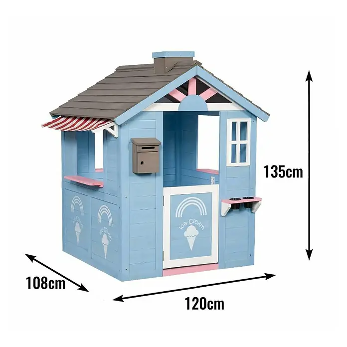 Swing King Spielhaus Icecream - L x B x H: 120 x 108 x 135 cm, Holz, Blau/Weiß/Rosa/Grau - Bild eines blaues Spielhauses mit Maßen, ideal für fantasievolles Spielen im Freien.