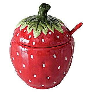 Boltze Vorratsdose Strawberry für Marmelade (L x B x H: 13 x 11 x 14 cm, Rot, Gefertigt aus Keramik)