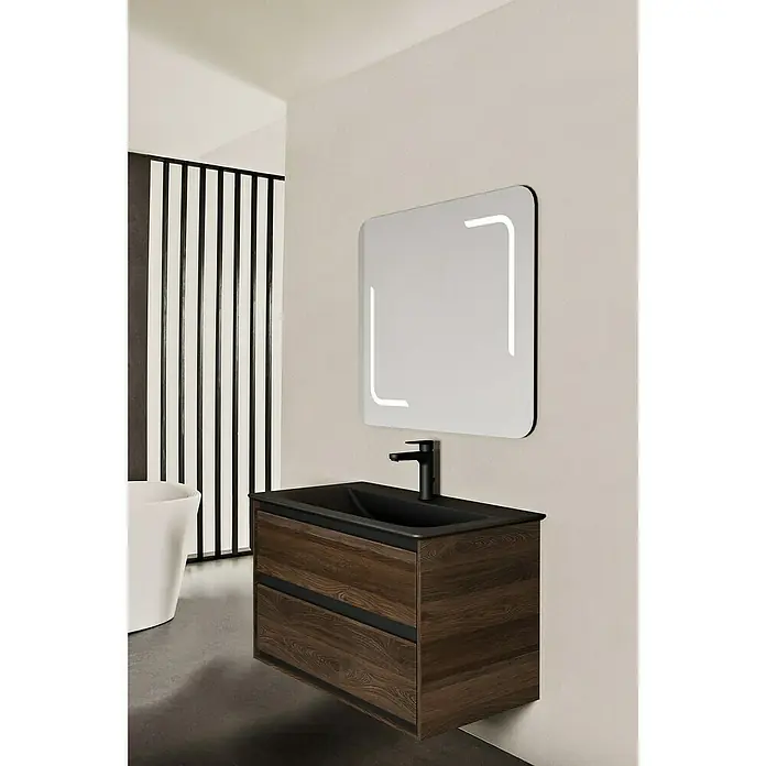 Ideal Standard Connect Air Waschtischunterschrank80 x 44 x 51,7 cm, Nussbaum/Schwarz, Matt - Modernes Badezimmer-Waschtisch-Set mit Holzunterschrank, schwarzem Waschbecken und beleuchtetem Spiegel für stilvolle Badezimmergestaltung.