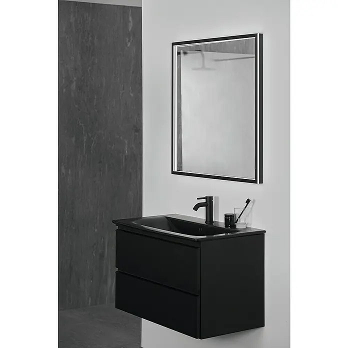 Ideal Standard Connect Air Einbauwaschbecken84 x 46 cm, Ohne Spezialglasur, Hahnloch: Mitte, Mit Überlauf, Schwarz - Schwarzer Waschtisch mit Unterschrank und beleuchtetem Spiegel. Modernes Design für Badezimmer mit stilvoller Optik.