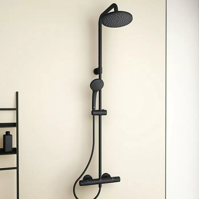 Ideal Standard Ceratherm Sistema de ducha - Con grifería termostática, Altura: 103 cm, Número de tipos de chorro: 1 ud., Negro - Sistema de ducha termostático negro con rociador de ducha redondo y teleducha.