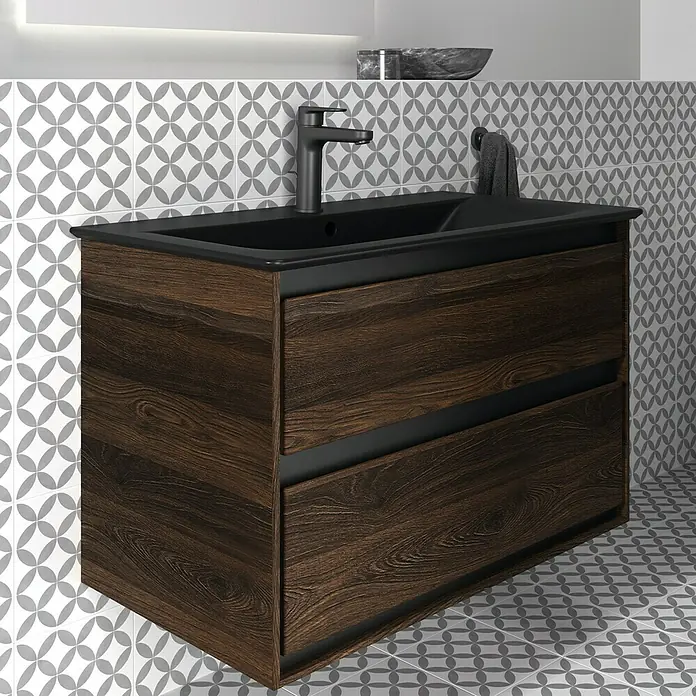 Ideal Standard Connect Air Waschtischunterschrank - 80 x 44 x 51,7 cm, Nussbaum/Schwarz, Matt - Elegantes Badezimmer-Waschbecken mit Unterschrank in dunklem Holzdekor und schwarzem Becken, inklusive Armatur und Handtuchhalter.