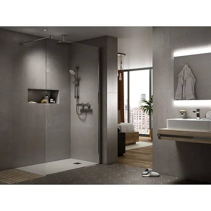 Ideal Standard Connect Air Waschtischarmatur - Höhe: 15,6 cm, Chrom, Glänzend - Ein modernes Badezimmer mit ebenerdiger Dusche und stilvollem Waschtisch mit beleuchtetem Spiegel.