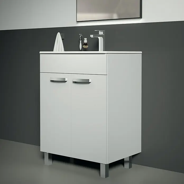 Ideal Standard Eurovit Badmöbel-Set - Gesamtbreite Badmöbel: 61 cm, Weiß, Glänzend - Moderner Badezimmerschrank mit Waschbecken, weißem Korpus, Schublade und zwei Türen, ideal für stilvolle Badgestaltung.