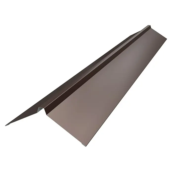 Metdach Dachfirst Gerade PP12 - Braun, Länge: 200 cm, Stahl - Nahaufnahme einer Dachfirstabdeckung aus Metall in einem satten Braunton, die für eine dauerhafte und ästhetische Dachlinie sorgt.