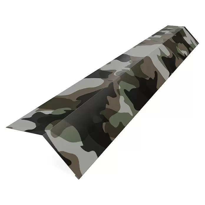 Metdach Schürze für Dachrinne PP12 - Camouflage, Länge: 200 cm, Stahl - L-förmiges Eckprofil in Camouflage-Muster, mit grünen, braunen und beigen Tönen.