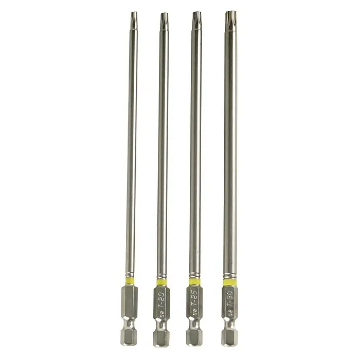 Connex Set de puntas COXT973291 - 4 pzs. - Imagen de cuatro puntas Torx plateadas, tamaños T-15, T-20, T-25 y T-30, con detalles amarillos, ideales para diversas aplicaciones de atornillado.