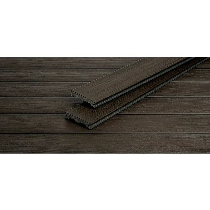 WPC-Terrassendiele Rheindeck Premium300 x 14 x 2,5 cm, Karlsruher Ebenholz - Nahaufnahme von zwei dunkelbraunen Terrassendielen aus Verbundmaterial, die die Holzstruktur und die robuste Konstruktion hervorheben.