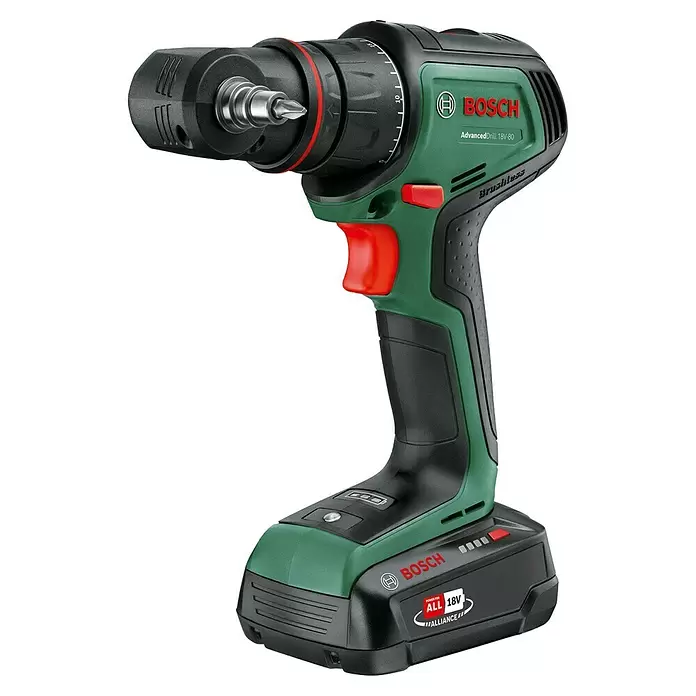Bosch Power for All 18V Taladro atornillador de batería AdvancedDrill 18V-80 - 18 V, Sin batería, 78 Nm - Taladro/atornillador inalámbrico Bosch AdvancedDrill 18V-80 verde y negro con punta, alimentado por batería de 18V.