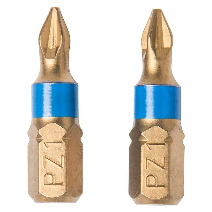 Connex Punta COXT973851 - PZ 1, 25 mm - Primer plano de dos puntas de destornillador PZ1 doradas con una banda azul, sobre un fondo negro.