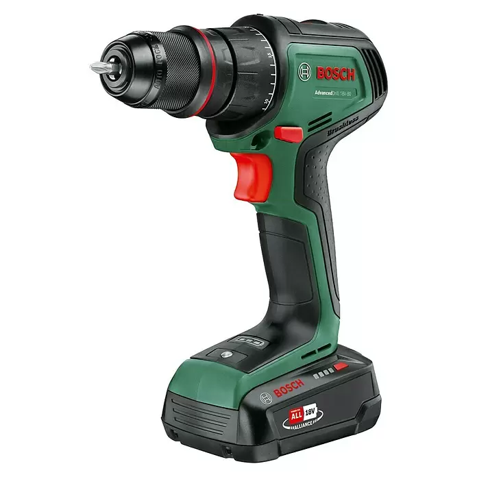 Bosch Power for All 18V Taladro atornillador de batería AdvancedDrill 18V-80 - 18 V, 2 baterías, 2,5 Ah, 78 Nm - Taladro Bosch AdvancedDrill 18V-80 verde y negro. Este taladro inalámbrico incluye portabrocas AUTO LOCK y tecnología Brushless.