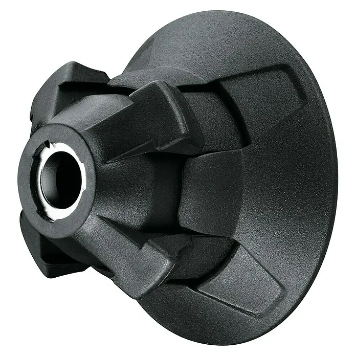 Bosch Power for All 18V Akku-Schlagbohrschrauber Advanced Impact 18V-80 QuickSnap - 18 V, Ohne Akku, 82 Nm, 3 Aufsätze - Nahaufnahme einer schwarzen, geformten Kunststoffkomponente mit einer silbernen, zentrierten Öffnung, die ein hochwertiges Produktdesign hervorhebt.