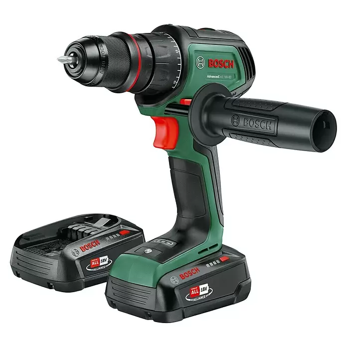 Bosch Power for All 18V Taladro atornillador de batería AdvancedDrill 18V-80 - 18 V, 2 baterías, 2,5 Ah, 78 Nm - Taladro inalámbrico Bosch verde y negro con batería de 18V y cargador, mandril Auto Lock y empuñadura auxiliar.