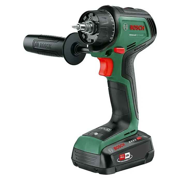 Bosch Power for All 18V Akku-Bohrschrauber AdvancedDrill 18V-80 Quick Snap - 18 V, Ohne Akku, 78 Nm - Bild einer Bosch AdvancedDrill 18V-80 Akku-Bohrmaschine mit Zusatzhandgriff und verstellbarem Bohrfutter vor schwarzem Hintergrund.