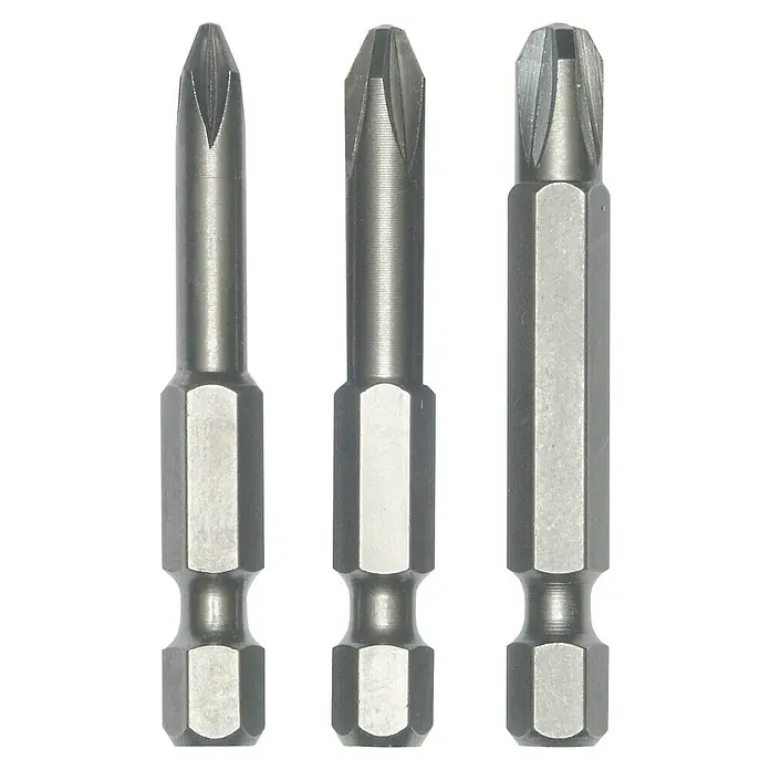 Connex Set de puntas COXT973017 - 3 pzs. - Primer plano de tres puntas de destornillador con diferentes cabezas para diversos tipos de tornillos, ideal para aficionados al bricolaje.