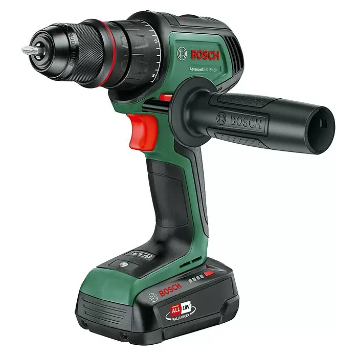 Bosch Power for All 18V Taladro atornillador de batería AdvancedDrill 18V-80 - 18 V, 1 batería, 2,5 Ah, 78 Nm - Taladro percutor Bosch AdvancedDrill 18V-80 verde y negro con batería y empuñadura lateral, listo para usar.